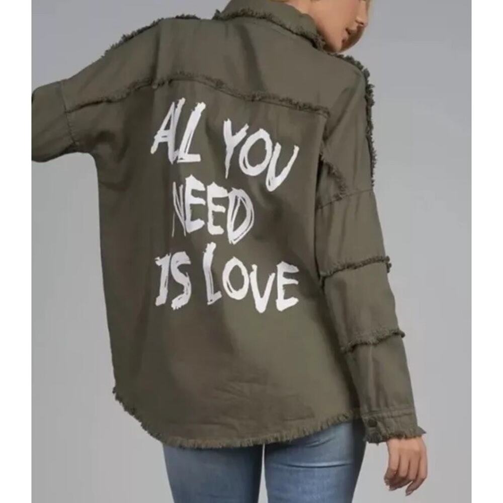 Revel Shirt Shacket Womens XL Green All You Need Is Love Raw Hem Fringe Edgy